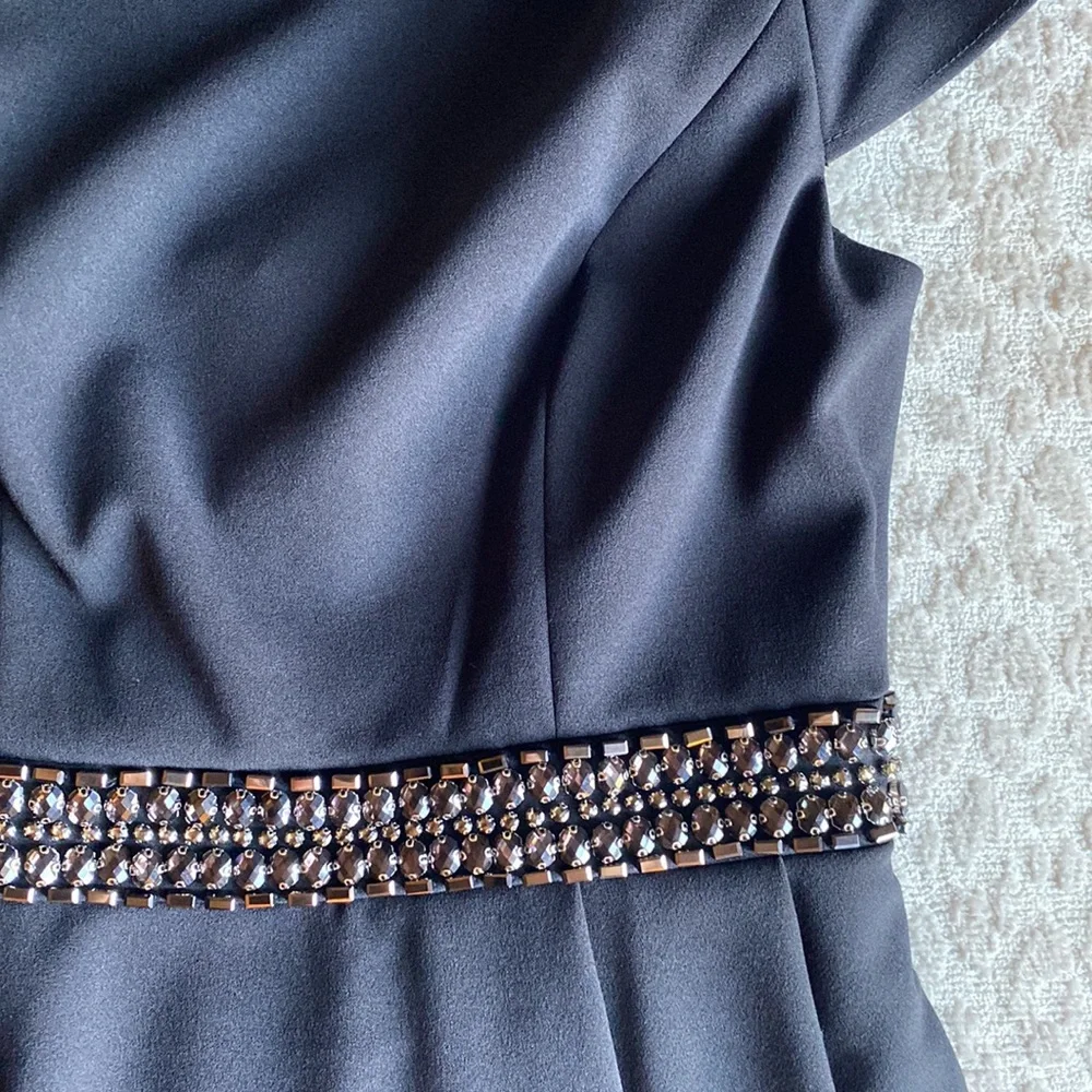 Adrianna Papell Full Length Cap Sleeve Black Gown with Rhinestone Belt, size 4